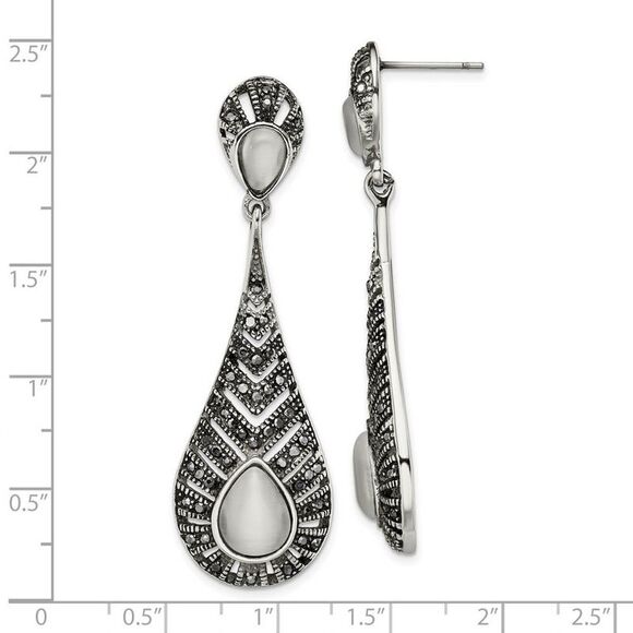 Marcasite & Cat's Eye Teardrop Post Dangle Earrings in Stainless Steel - Picture 4 of 5